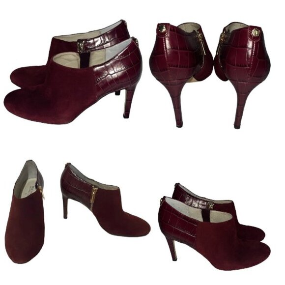 Michael Kors Sammy Ankle Boot Merlot Suede Embossed Leather Heeled Bootie Size 8 - Picture 4 of 11
